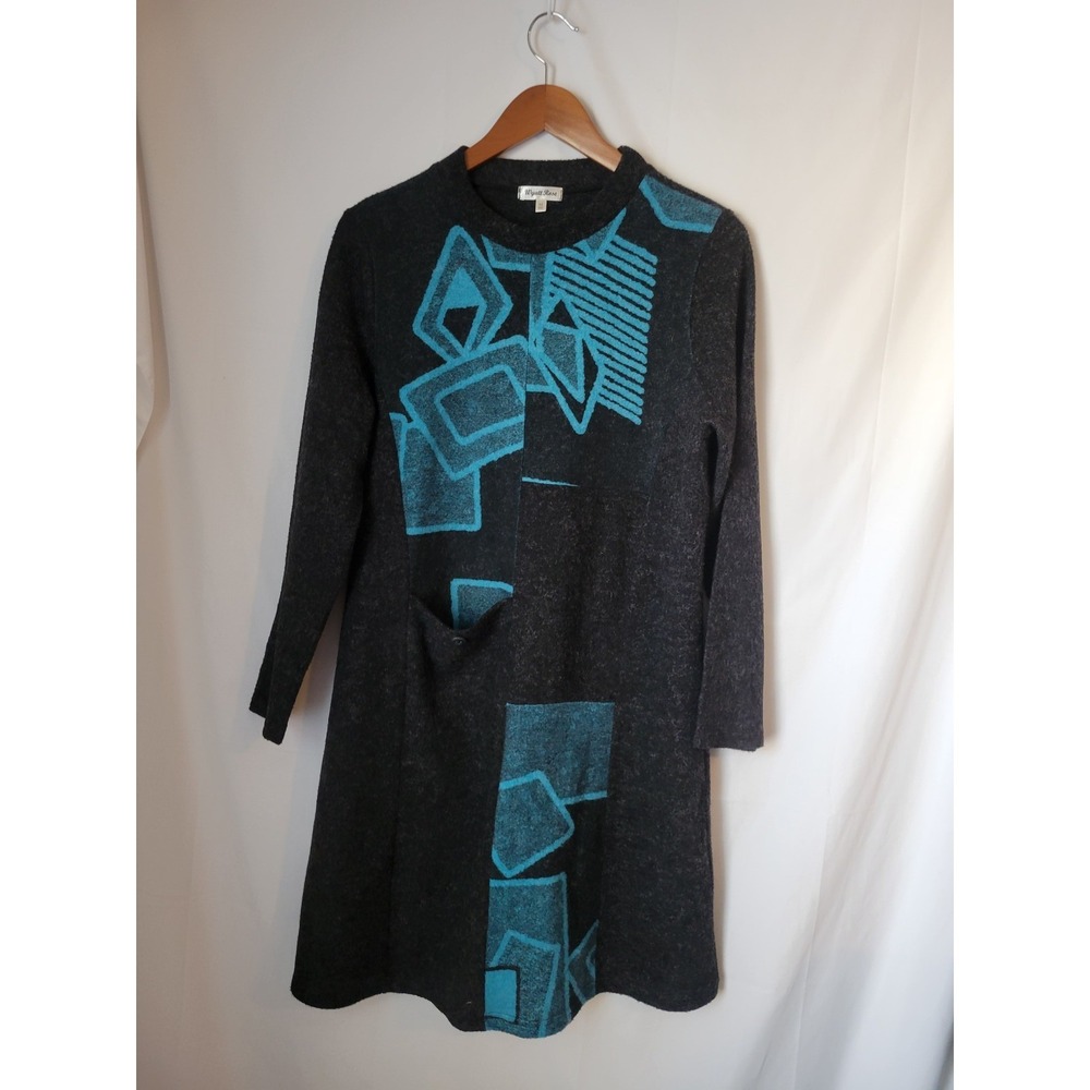 Wyatt Rose Women's M Charcoal Teal‎ Geometric Knit Sweater Tunic Dress Pockets